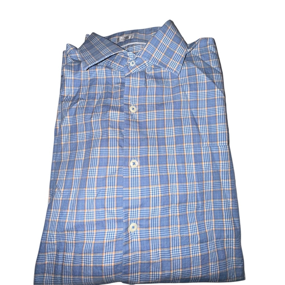 Peter Millar Cotton Blue Yellow & White Plaid Dress Shirt Button-Down Large